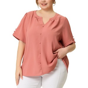 Women's Plus Size Ruched V Neck Short Sleeve Button Decor Dressy Office Blouses - Agnes Orinda - 1 of 4