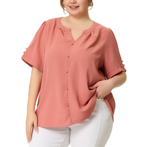 Agnes Orinda Women's Plus Size Dressy Ruched V Neck Short Sleeve Office  Tops Pink 3X