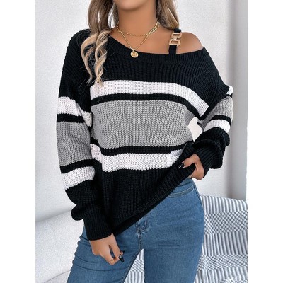 Women's Color - Block Striped Lantern Sleeve Sweater, Off - Shoulder Pullover with Metal Buckle