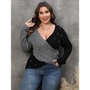 Garvee Women Plus Size Sexy Deep V Neck Long Sleeve Stitching Pearl Contrast Color Cross Beaded Sweater Tops - 3 of 4