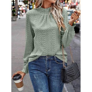 Women Blouse Lace Mock Neck Top Long Lantern Sleeves - 1 of 3