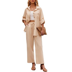 Zeagoo Women 2 Piece Linen Sets Button Down Shirt and Drawstring Long Pants Set Summer Outfits - 1 of 4