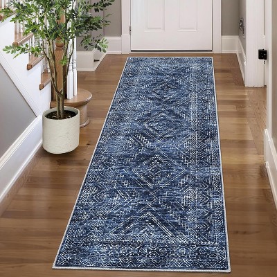 2x6,Washable Runner Rug Runner Vintage Rug Non Slip Kitchen Rug Distressed Grey Rug Low Pile Entryway Rug Soft Bathroom Rugs Stain Navy