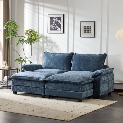 Karl Home |85.4 in. W Pillow Top Arm Double-layer Cushion Chenille Sofa in Blue With Ottoman