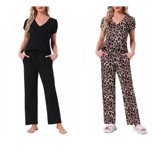 INSPIRE CHIC Women's 2 Pcs Short-Sleeve V-neck Tee & Drawstring Pants Pajama Sets with Pockets - 1 of 4
