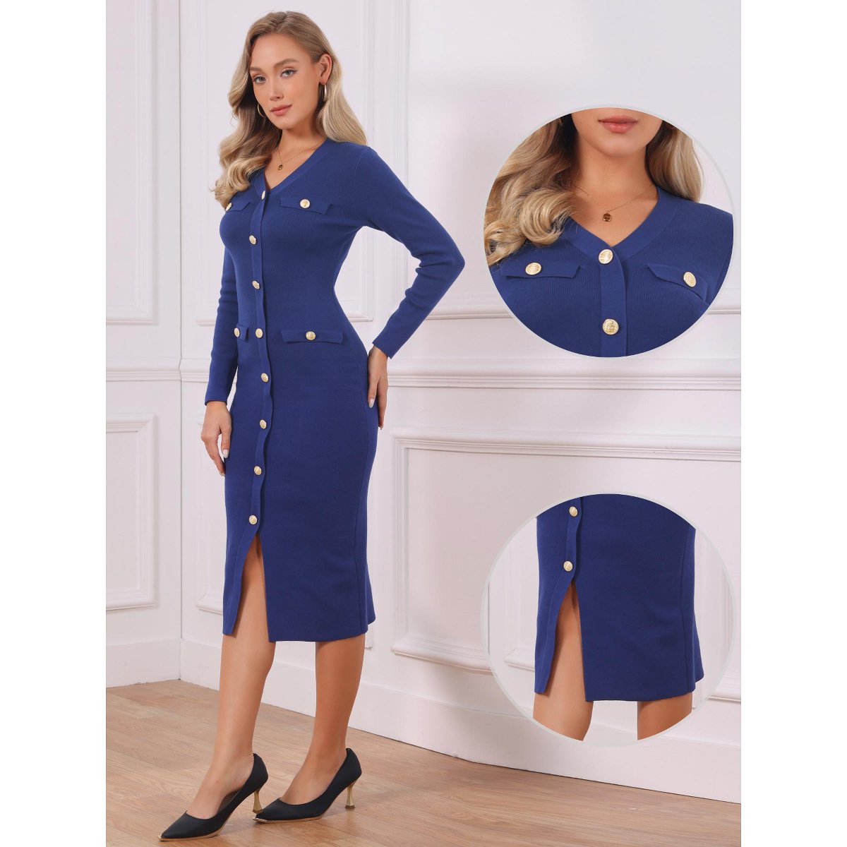 Женские платья INSPIRE CHIC Women's V Neck Long Sleeve Button Decor Knit Midi Bodycon Sweater Dress Dark Blue Small — фото 2