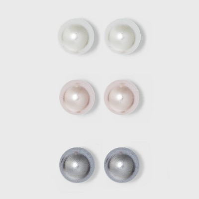 Sterling Silver Tri Color Pearl Stud Earring Set 3pc - A New Day™ Silver