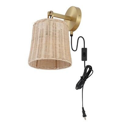 Elegant Brass and Rattan 10" Plug-In Wall Sconce Set