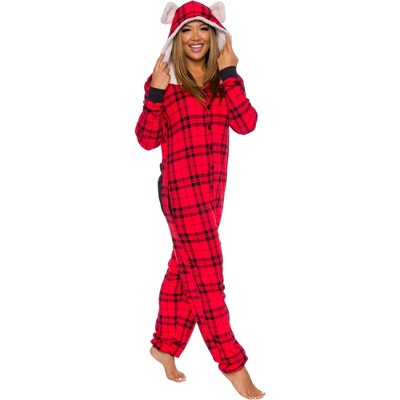 Silver Lilly Slim Fit Women's Be Bear Buffalo Plaid One Piece Pajama Union Suit