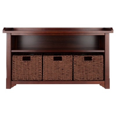 Walnut Wood Storage Bench with Woven Baskets