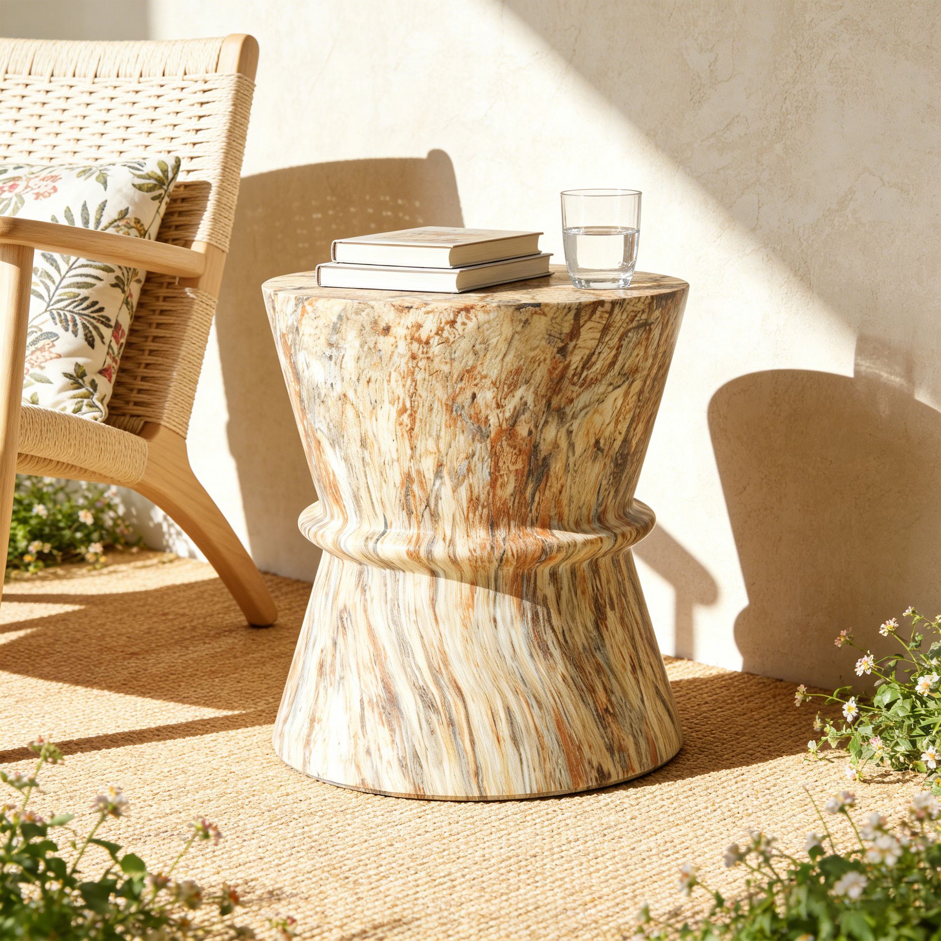 GDFStudio Gomez Hourglass Shape Outdoor Accent End Table with Simulated stone texture, Amber/Brown