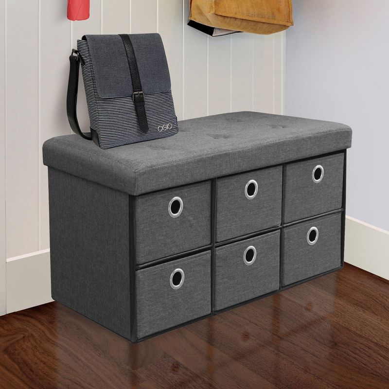 Sorbus Collapsible Storage Bench Chest with Drawers – Perfect for Entryway, Bedroom Bench, Cubby Drawer Footstool, Hope Chest, Faux Linen (Gray), 2 of 6