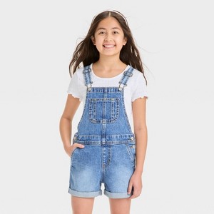 Girls' Denim Shortalls - Cat & Jack™ Medium Wash - 1 of 3
