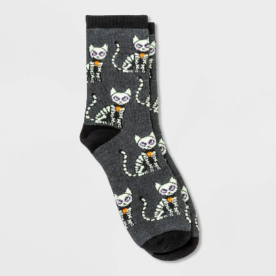 Women's Glow in the Dark Cat Halloween Crew Socks - Hyde & EEK! Boutique™ Gray 4-10