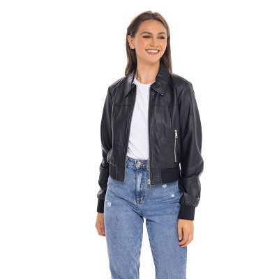 Faux Leather Cropped Bomber Jacket Brown Women's L