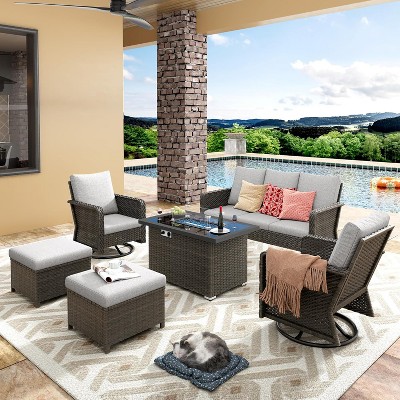 Patio Furniture Set 6 Peices with 44" Propane Gas Fire Pit Table, Outdoor Sectional Furniture Conversation Sofa Set with Cushion for Porch Backyard