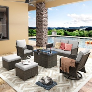 Patio Furniture Set 6 Peices with 44" Propane Gas Fire Pit Table, Outdoor Sectional Furniture Conversation Sofa Set with Cushion for Porch Backyard - 1 of 4