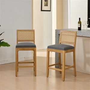ISOKEYS Rattan-Back Bar Stool -  Set of 2 Full Solid Wood, Matte Linen Cushion with High-Resilience Foam & S-Springs for Kitchen - 1 of 4