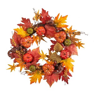 Nearly Natural 24” Autumn Pumpkin and Berries Artificial Fall Wreath - 1 of 4