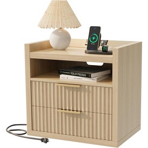 Furnulem Fluted Nightstands with Charging Station 24" Wide Nightstand with 2 Drawers Mid Century Side Table Natural Wooden End Table with Open Shelves - 1 of 4