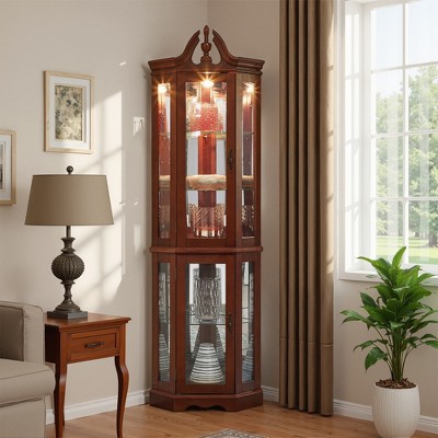 SpassWay 31"H Lighted Walnut Corner Display Cabinet Adjustable Glass Shelves for Entryway Living Room