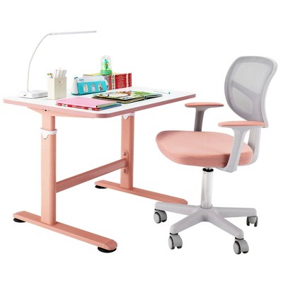 Costway Height Adjustable Kids Desk & Chair Set Study Desk Chair w/Sit-brake Caster Pink