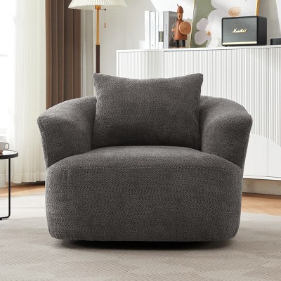 Modern Gray Upholstered 38.2" Swivel Accent Chair with Rounded Arms and Pillow for Living Room or Office Seating-Maison Boucle