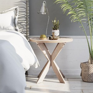 COZAYH Farmhouse Round Wooden End Table with Cross Legs, Vintage Grey Finish - 1 of 4