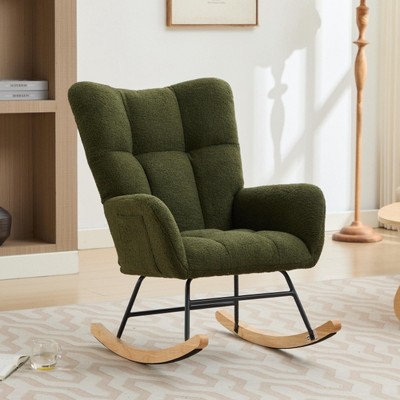 Modern Nursery Rocking Chair Upholstered Glider Chair with High Backrest and Solid Wood Legs, Teddy Fabric Accent Armchair - ModernLuxe