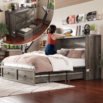 AMERLIFE Farmhouse Murphy Bed with Storage & Charging Station