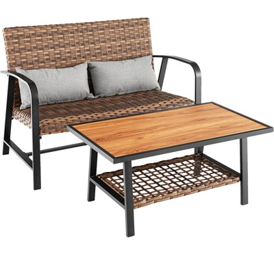 Tangkula Set of 2 Rattan Loveseat Coffee Table Set w/ Padded Back Seat Pillow Patio