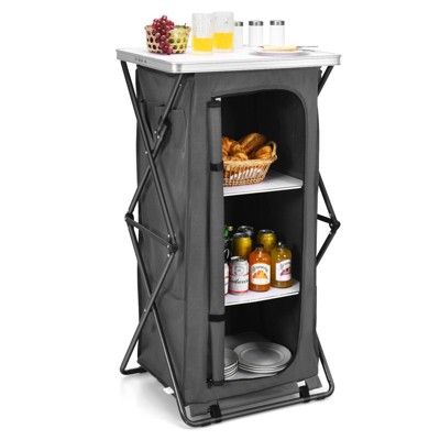 Tangkula Portable Outdoor Camping Storage Cabinet Folding Organizer Kitchen Table w/ 3 Shelves and Carry Bag for BBQ