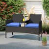 Tangkula Outdoor Rattan Loveseat 2-Seat Patio Conversation Set with Built-in Coffee Table Cushions Wicker Bench Furniture Blue - 4 of 4