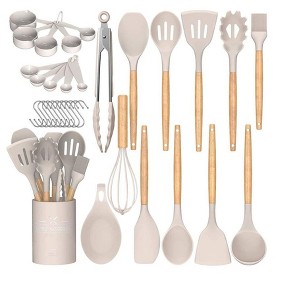 Aoibox 33-Piece Kitchen Utensil Set with Wooden Handles, Non-Stick Silicone Heads, Includes Spatulas, Ladles, Tongs, Measuring Cups, Hooks & Holder - 1 of 4