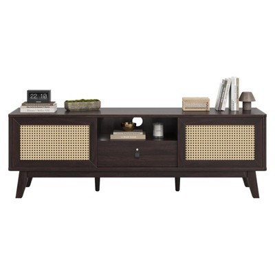 Fontoi TV Stands and Consoles, Rattan TV Stand with Drawer and 2 Cabinets, Entertainment Center with Storage for Living Room, Brown, 15.4"*19.3"*59"
