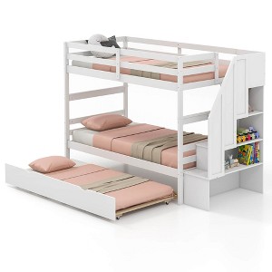 Tangkula Twin over Twin Wooden Bunk Bed w/ Trundle Storage Stairs Convertible - 1 of 4