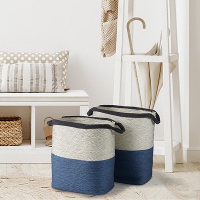 Natural and Blue Seagrass Storage Basket Set with Cotton Liners