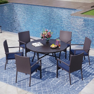 Captiva Designs 7pc Outdoor Patio Black Steel Dining Table with Umbrella Hole & Cushioned Armrest Rattan Chairs