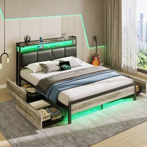 Greenstell Bed Frame with RGB LED Lights & Charging Station, Upholstered Headboard with 4 Storage Drawers, Heavy Duty Metal Slats, Black - 1 of 4