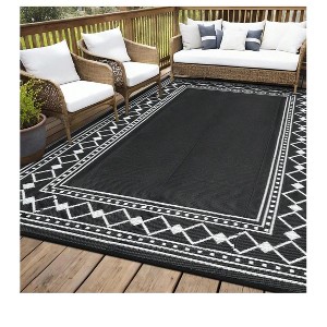 Gray-black-8*10 feet  Outdoor Area Rug Waterproof Plastic Straw Camping Rugs Modern Stylish Geometric Reversible Light Weight Portable Mat UV Resista - 1 of 4
