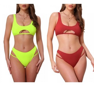 INSPIRE CHIC Women's Ribbed Scoop Neck Top Triangle Bottom Swimwear Bikini Suits 2 Sets - 1 of 4