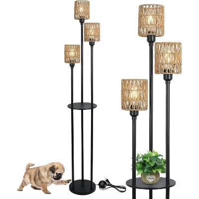 VYNXARIA Boho Floor Lamp with Shelves,3-Lights Farmhouse Tall Floor Lamp with ON/OFF Foot Switch,Rustic Standing Lamp with Rattan Shades