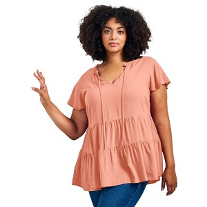 Avenue Women's Plus Size Lani Flutter Sleeve Tiered Top - 1 of 4