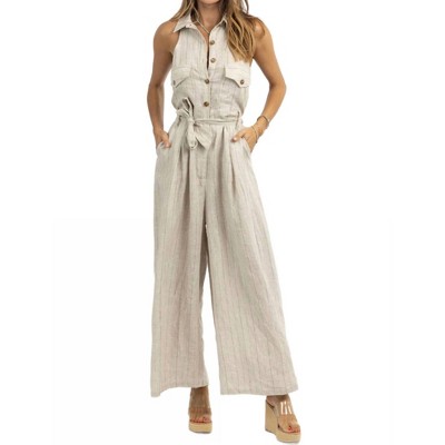 Women's Revive Linen Pinstripe Jumpsuit - OLIVACEOUS