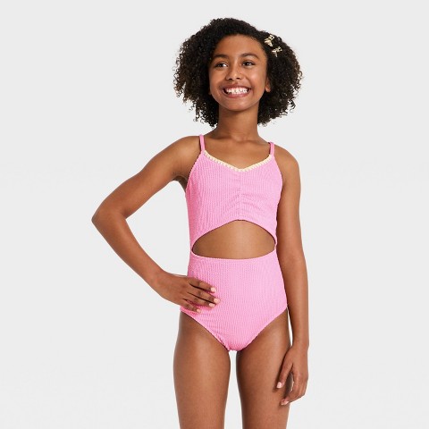 Art Class Girls' Spring Vacay Solid One Piece Swimsuit - art class™ Pink M
