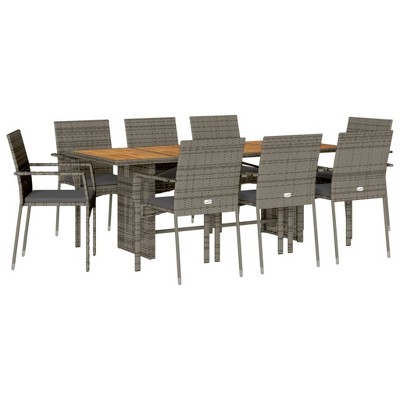 vidaXL – 9 Piece Patio Dining Set with Cushions – Poly Rattan/Acacia Wood Table – Gray – Outdoor Furniture for Garden/Backyard/Patio