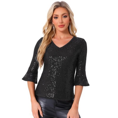 INSPIRE CHIC Women's Sequin 3/4 Bell Sleeve V Neck Metallic Sparkly Glitter Party Blouse
