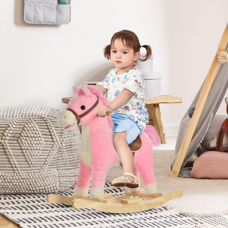 Qaba Rocking Horse Plush Animal on Wooden Rockers with Sounds, Wooden Base, Baby Rocking Chair for 36-72 Months, Pink, 4 of 8