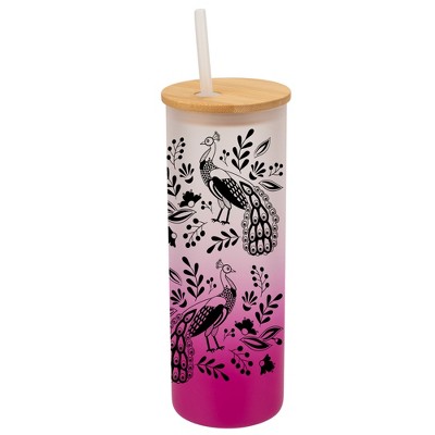 Elanze Designs Peacock Bird Flower Garden Wrap-Around Design 25 Ounce Frosted Gradient Glass On-The-Go Coffee Travel Skinny Tumbler Mug Cup, Bamboo