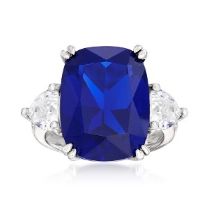 Ross-Simons 12.25 Carat Cushion-Cut Simulated Sapphire and 1.75 ct. t.w. CZ Ring in Sterling Silver - 1 of 4